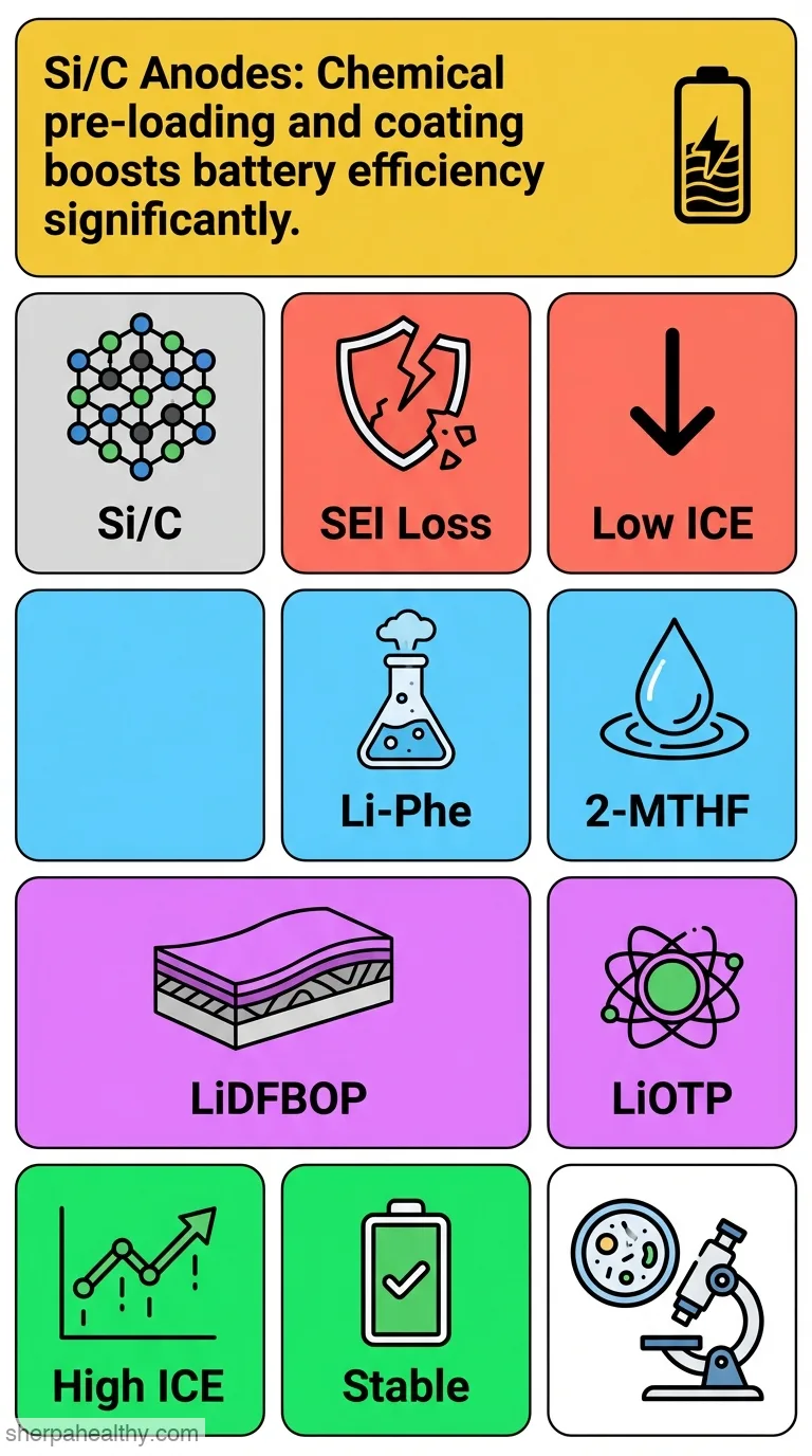 Novel strategies for constructing highly efficient silicon/carbon anodes: Chemical prelithiation and electrolyte post-treatment.