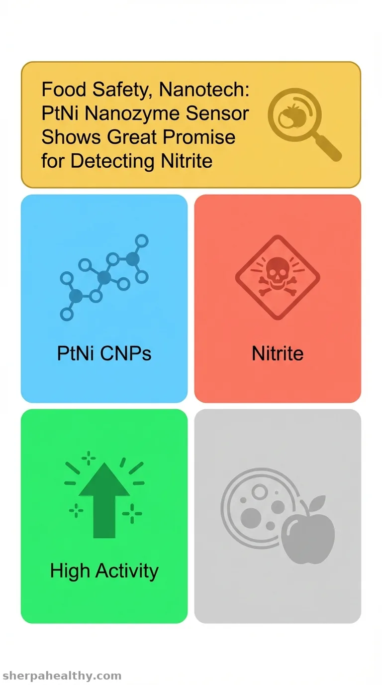 Colorimetric nanozyme sensor based on chain-like PtNi nanoparticles for nitrite ion detection in food samples.
