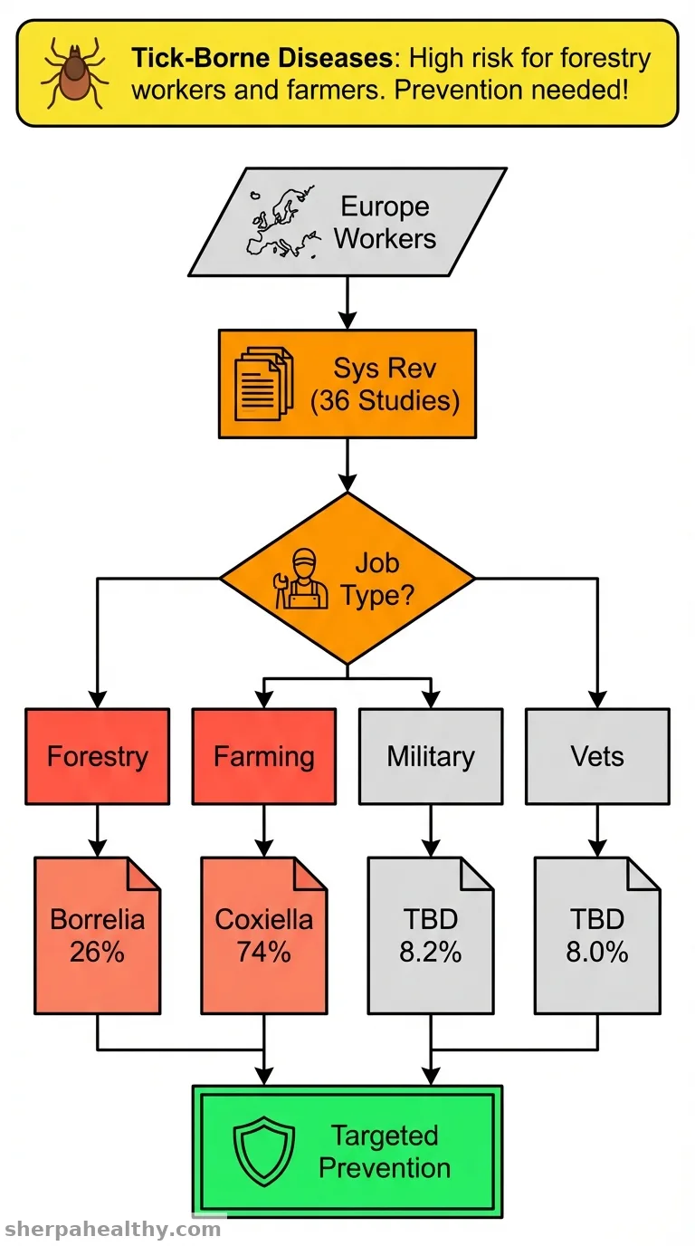 Seroprevalence of tick-borne diseases in Europe in occupational settings: A systematic review and metanalysis.