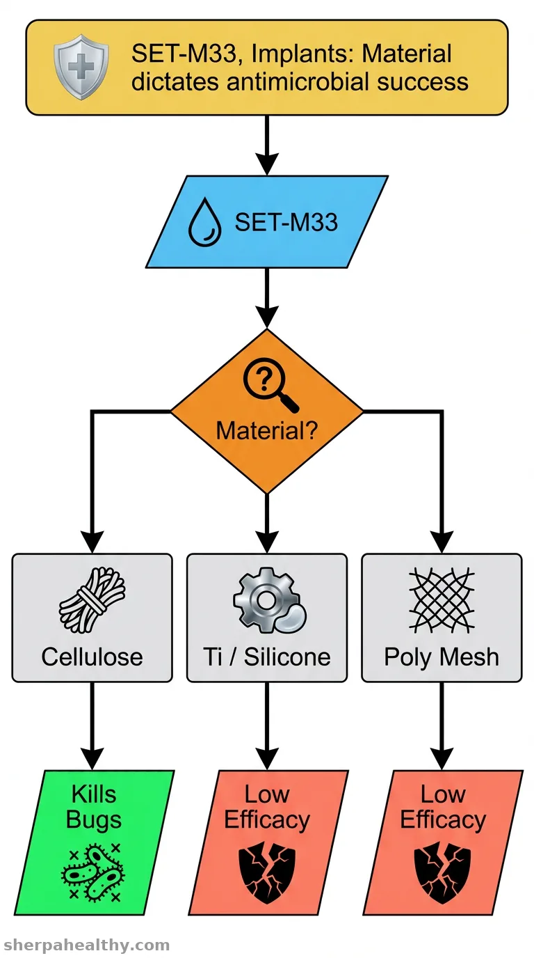 The identity of implant materials governs the antimicrobial efficacy of SET-M33.