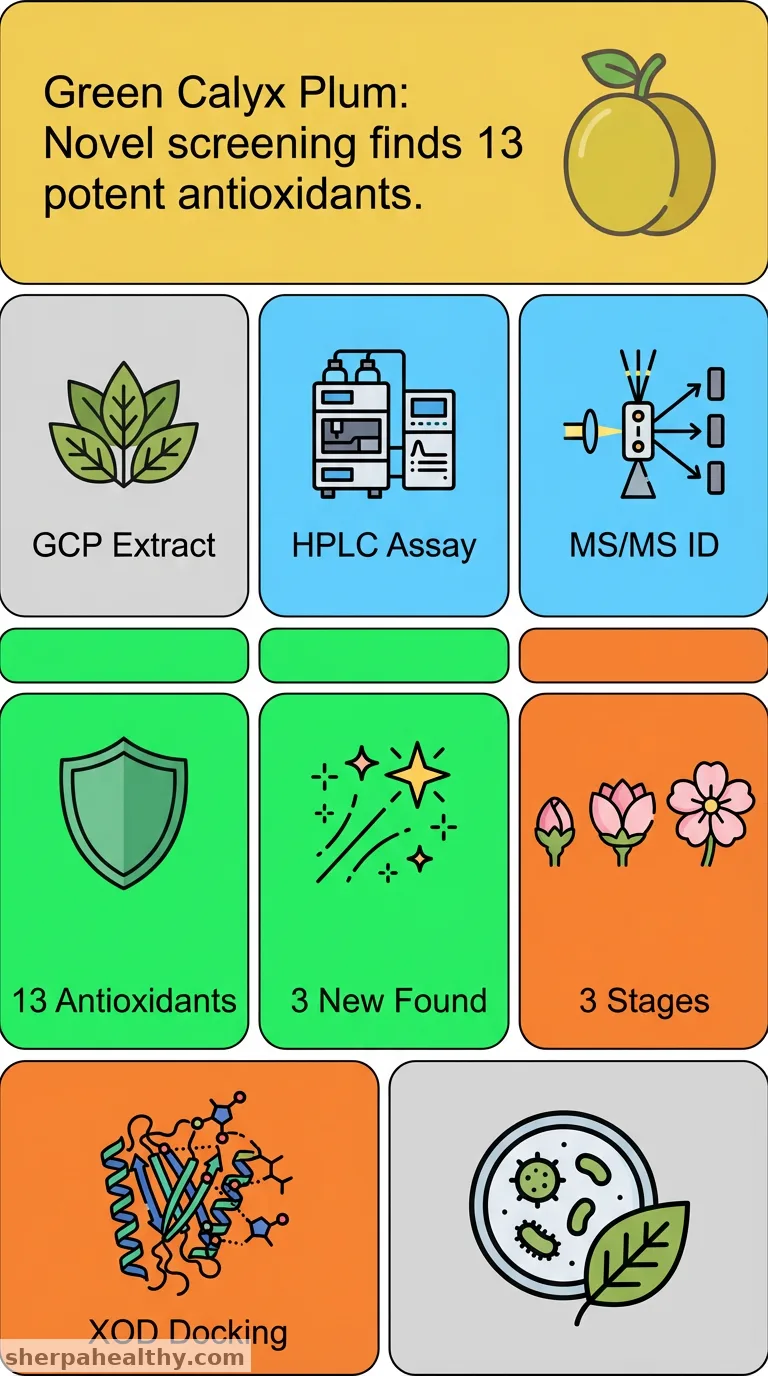 Identification of 13 natural antioxidants in green calyx plum using AAPH, ABTS, and FRAP-coupled HPLC-DAD via QTOF-MS/MS.