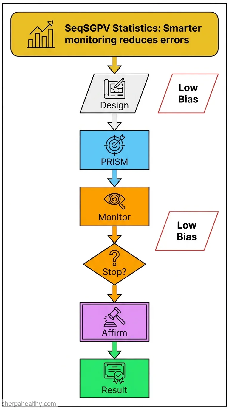 Sequential monitoring using the Second Generation P-Value with Type I error controlled by monitoring frequency.