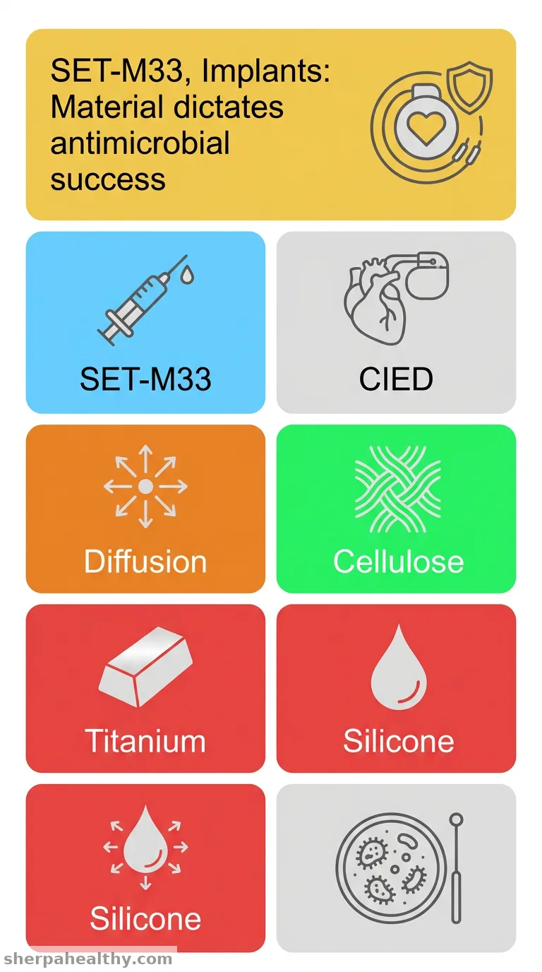 The identity of implant materials governs the antimicrobial efficacy of SET-M33.