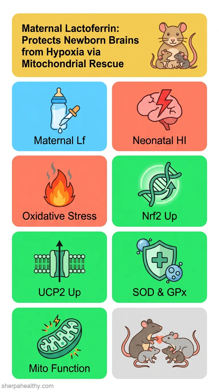 Maternal lactoferrin supplementation prevents mitochondrial and redox homeostasis dysfunction, and improves antioxidant defenses through Nrf2 and UCP2 signaling after neonatal hypoxia-ischemia.
