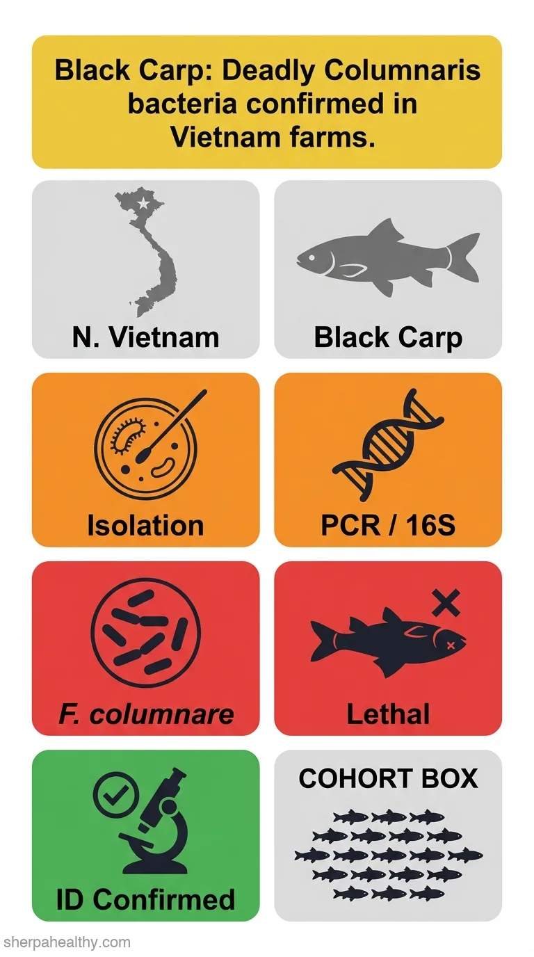 First report on Flavobacterium columnare causing disease outbreaks in cultured black carp, Mylopharyngodon piceus, in Northern Vietnam.