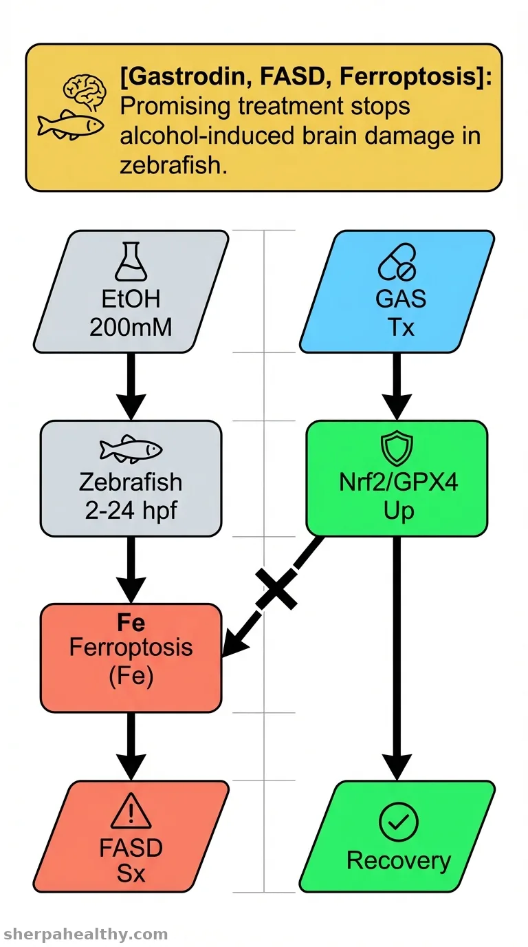 Gastrodin alleviates alcohol-induced developmental and neurotoxic effects in zebrafish larvae by suppressing ferroptosis via regulating the Nrf2/GPX4 signaling pathway.