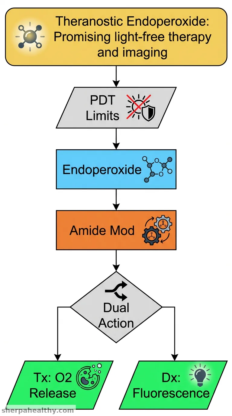 A theranostic endoperoxide agent with targeted singlet oxygen release and concomitant fluorescence signals.