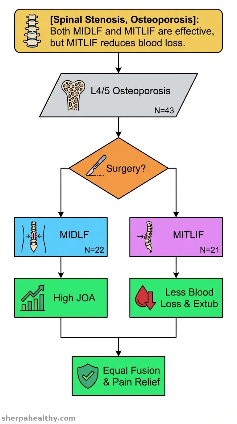 Comparative outcomes of midline lumbar fusion and minimally invasive transforaminal lumbar interbody fusion in osteoporotic L4/5 spinal stenosis: a two-year retrospective study.