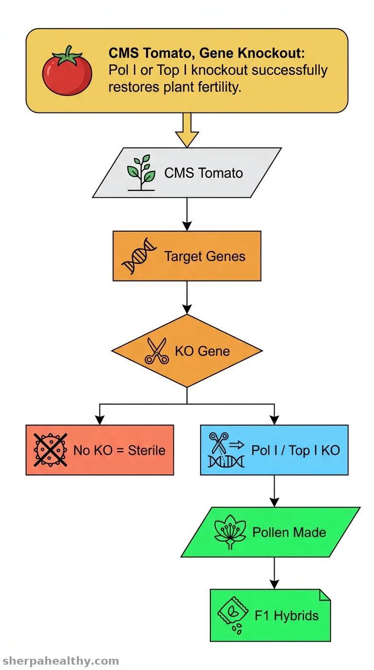Fertility restoration in cytoplasmic male sterile tomato via knockout of either DNA polymerase I or Topoisomerase I, two nuclear-encoded organellar DNA replication genes.