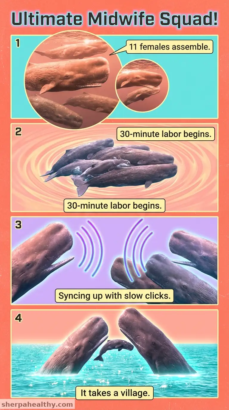 Rare video of a sperm whale birth shows female animals working together