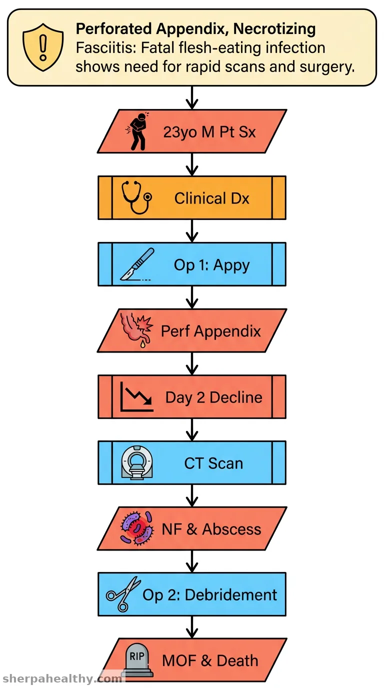 A rare case of necrotizing fasciitis secondary to a perforated appendix.