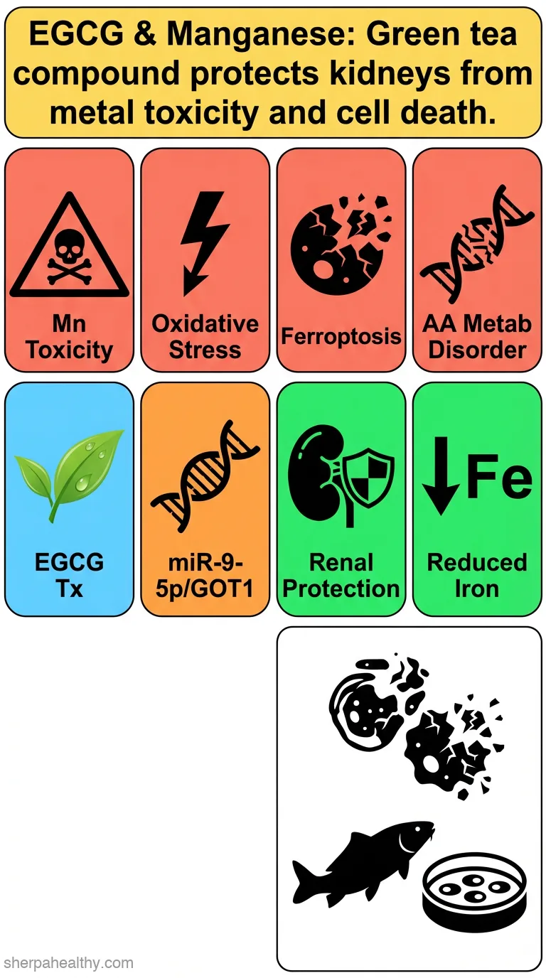 Amino acid metabolism disorder and oxidative stress took part in EGCG alleviating Mn-caused ferroptosis via miR-9-5p/got1 axis.