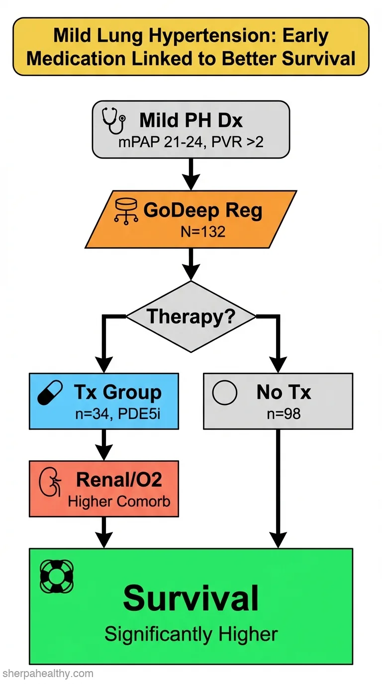 Association of pulmonary hypertension-targeted therapy and survival in precapillary pulmonary hypertension with mean pulmonary arterial pressure between 21 and 24 mmHg.