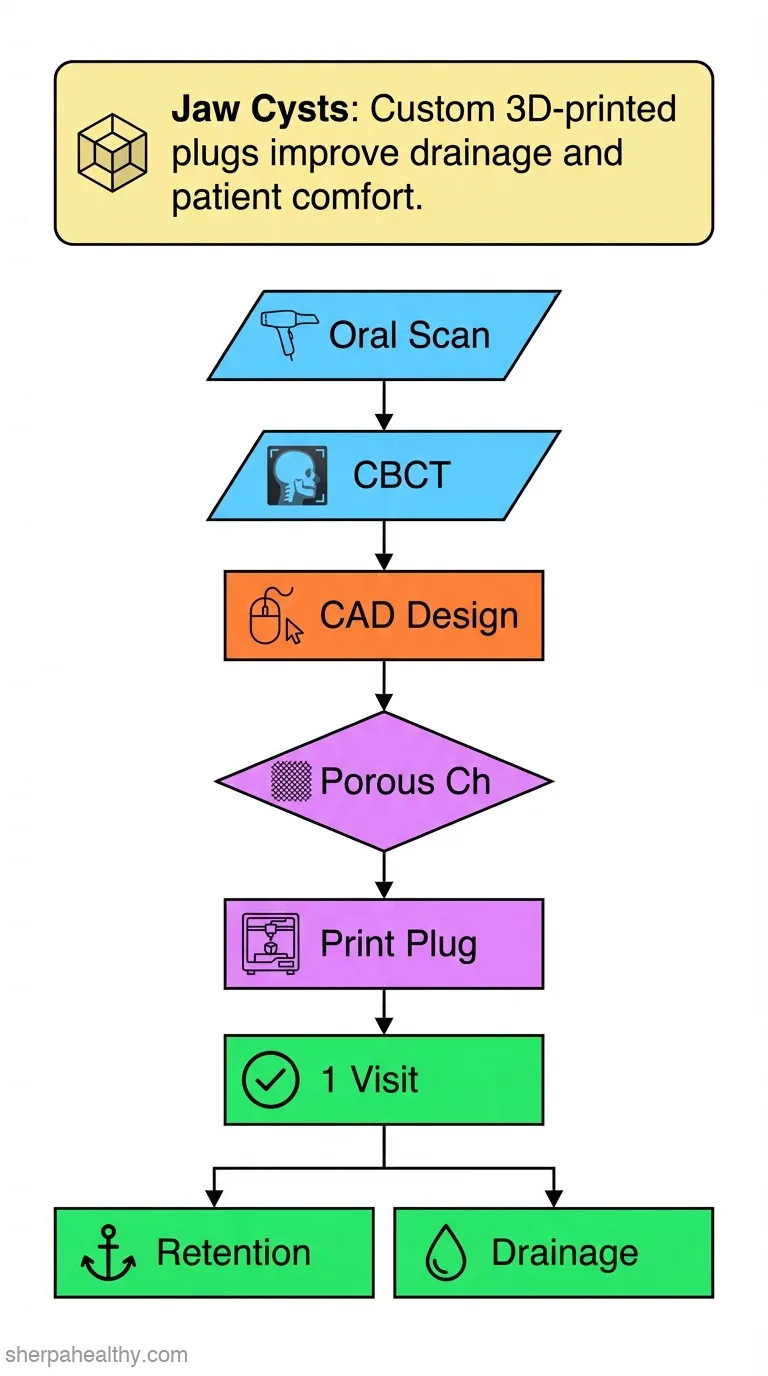 CAD-CAM of elastic plugs with multilayer porous channels following 3D construction of jaw cyst-mucosa-dentition after decompression: A dental technique.