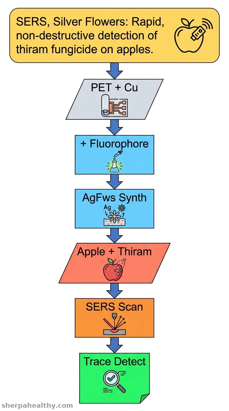 Fluorophore-assisted synthesis of silver flowers on copper-patterned flexible substrates for SERS detection of thiram residues on apples.