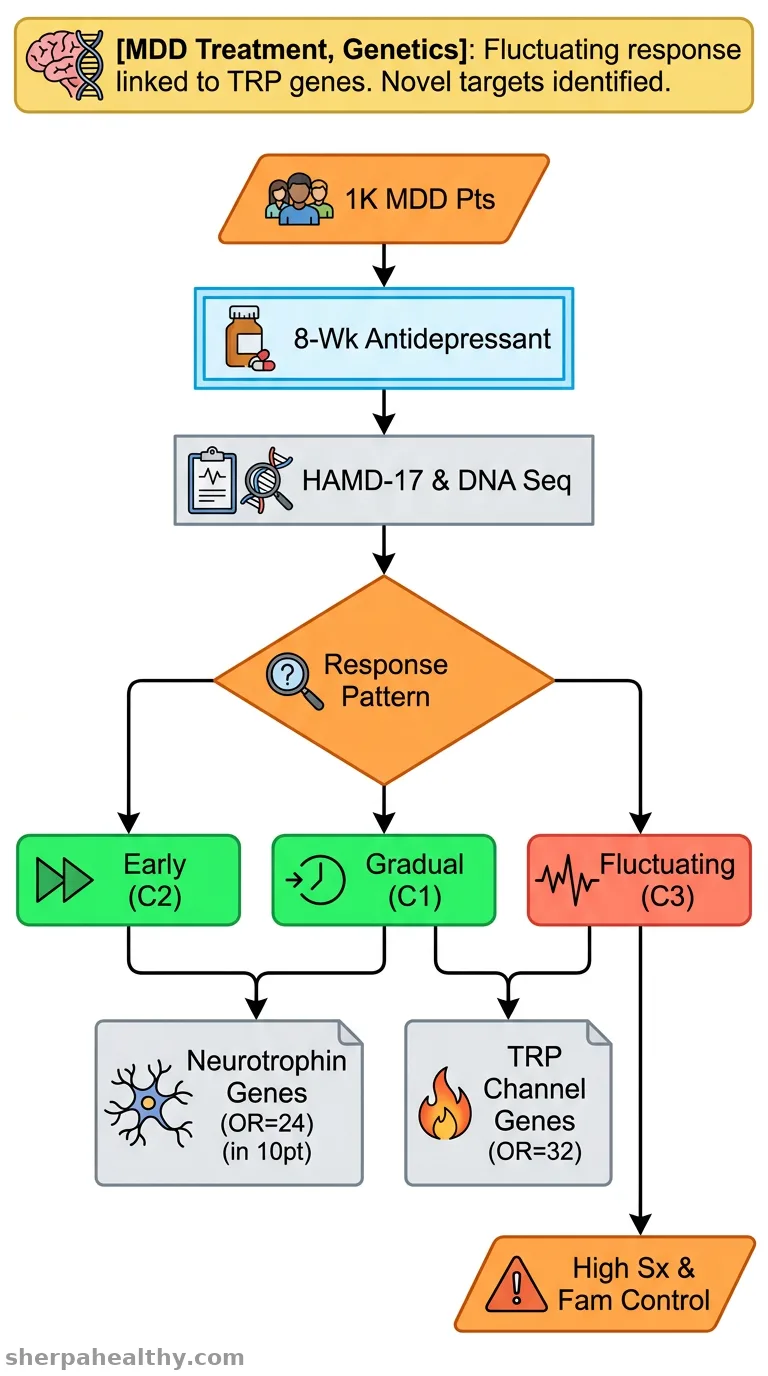 Association of psychosocial factors and biological pathways identified from rare-variant analysis with longitudinal trajectories of treatment response in major depressive disorder.