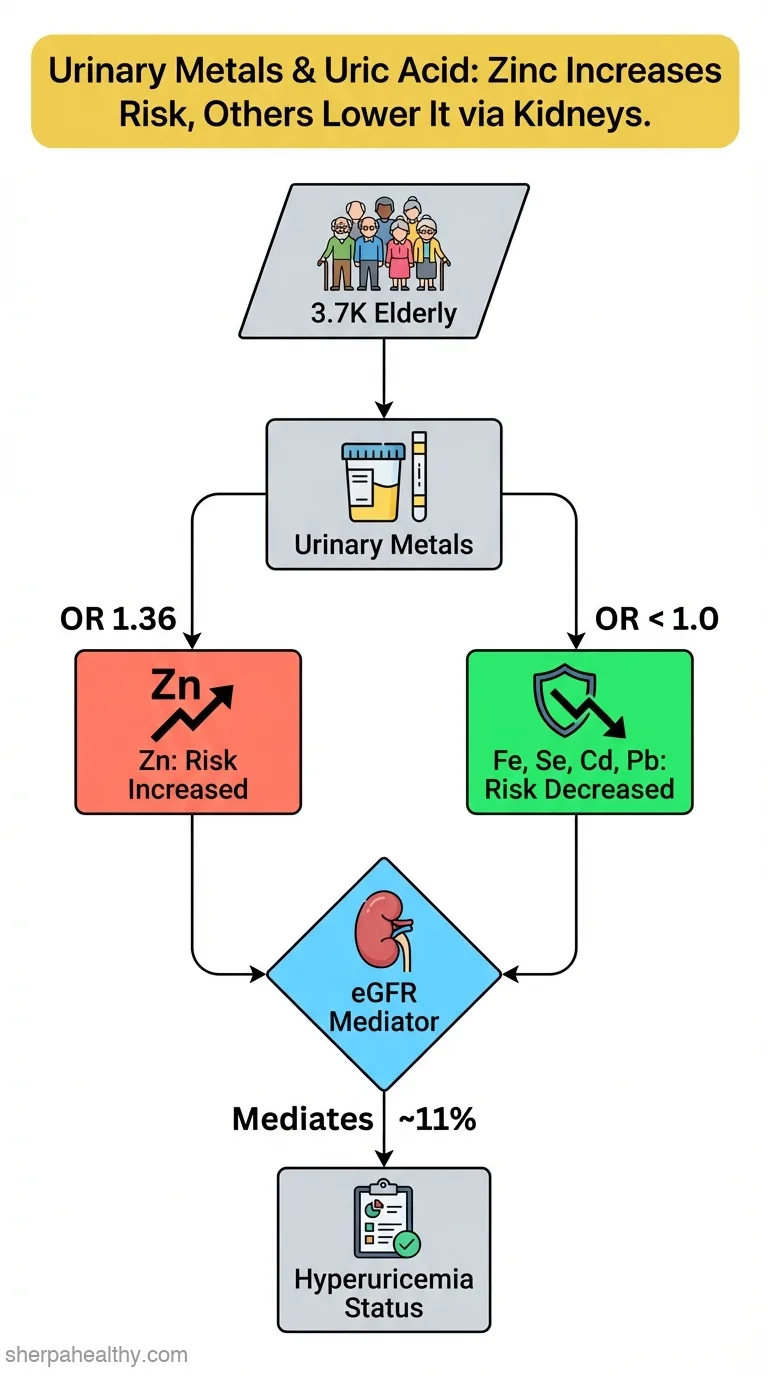 Association between urinary metal concentrations and hyperuricemia in Chinese community-dwelling elderly: Exploring the mediating role of estimating glomerular filtration rate.