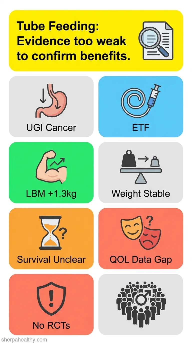 The effects of enteral tube feeding on nutrition, survival, and quality of life outcomes in advanced upper gastrointestinal cancers: a systematic literature review.