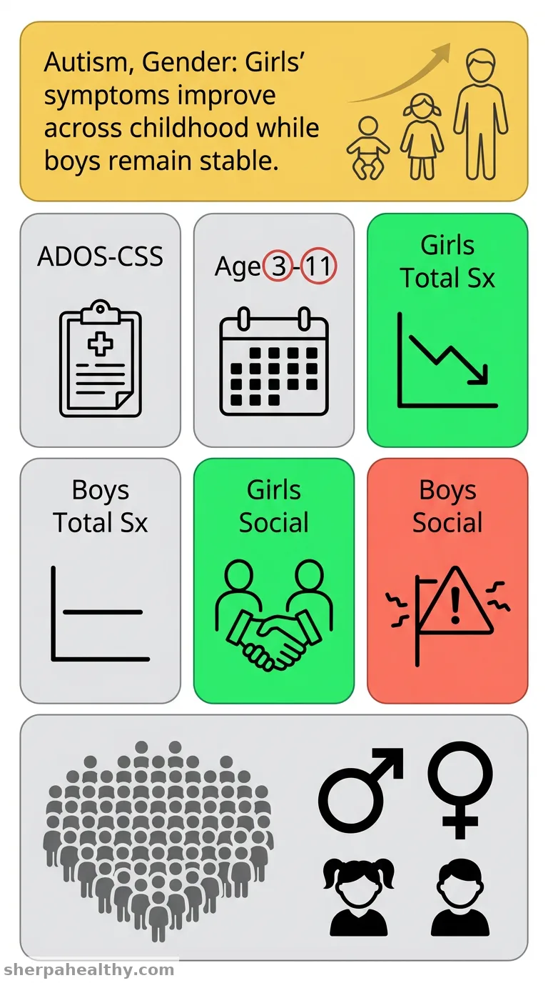 Trajectories of autism symptom severity for boys and girls across childhood.