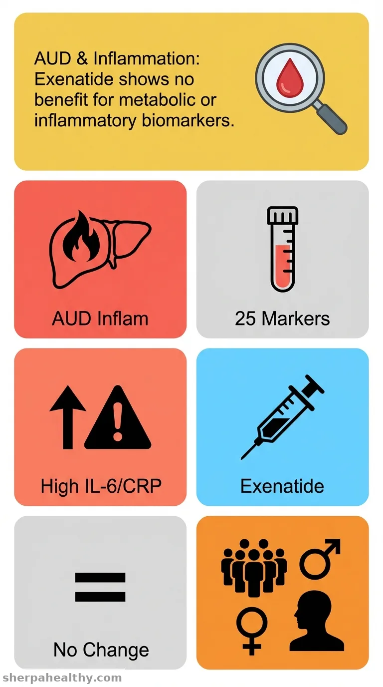 Effect of the GLP-1 receptor agonist exenatide on pro-inflammatory and metabolic biomarkers in individuals with alcohol use disorder: Post hoc results from a randomized, double-blinded, placebo-controlled clinical trial.