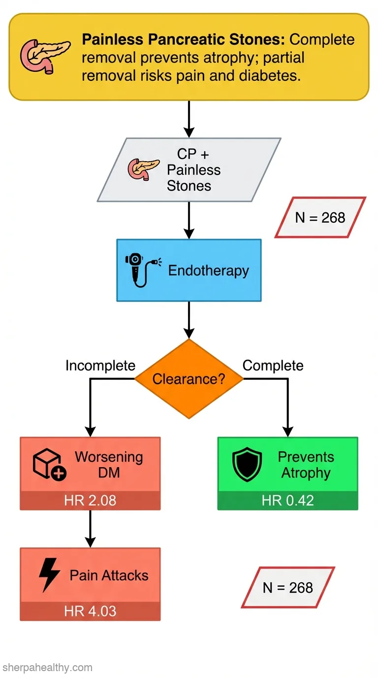 Complete clearance of painless pancreatic stones with endotherapy prevents the progression of pancreatic parenchyma atrophy in patients with chronic pancreatitis: Multicenter cohort study.
