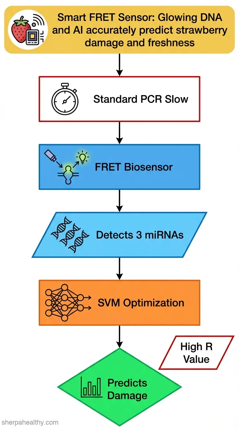 A smart multiplexed microRNA biosensor based on FRET for the prediction of mechanical damage and storage period of strawberry fruits.
