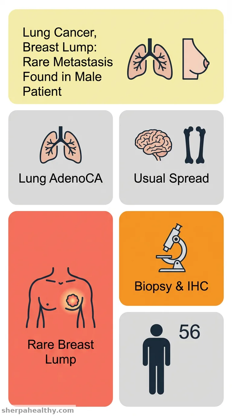 From lung to breast: a rare case of metastatic lung adenocarcinoma presenting as a breast lump in a male patient.
