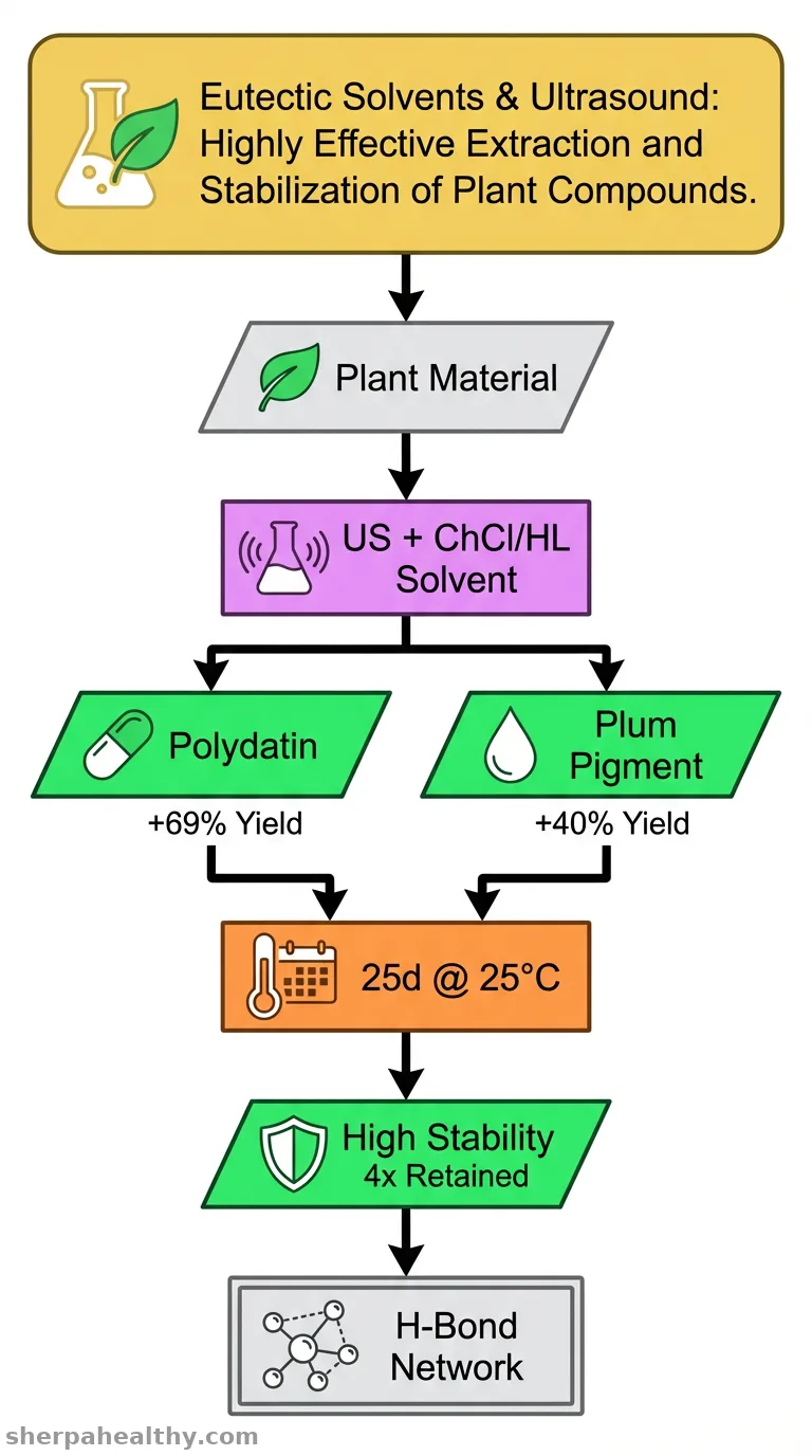 An empirical exploration of the capacity of choline chloride/lactic acid eutectics to extract and stabilize natural polyhydroxy compounds.